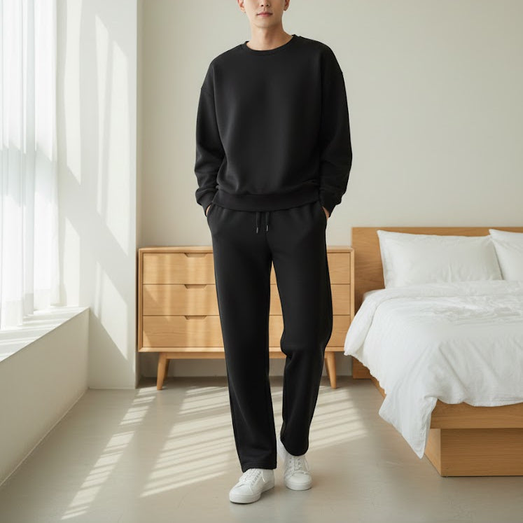 Men's 2pc oversized crewneck sweatshirt solid black color Set 659990 Men's 2pc oversized crewneck sweatshirt solid black color Set 659990