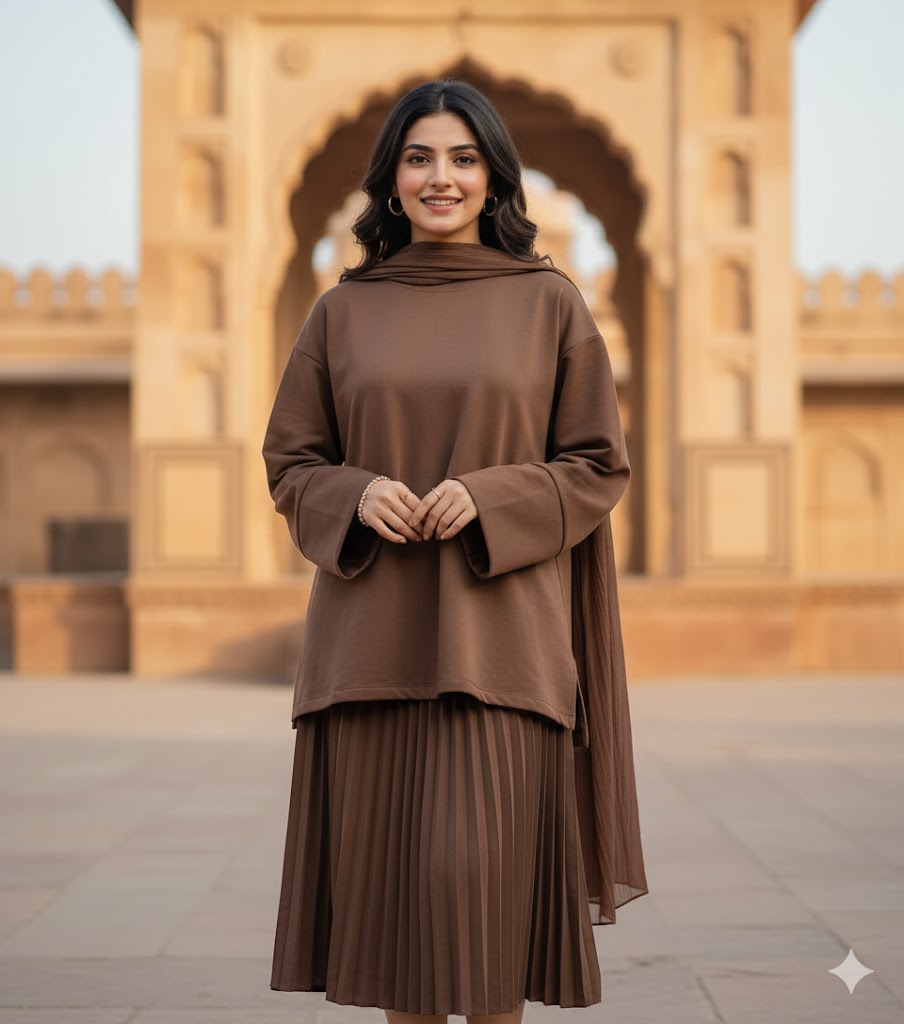 Elegant Round Neckline Wide Sleeves Pleated Skirt Mid-length Two-Piece Outfit 142968 Elegant Round Neckline Wide Sleeves Pleated Skirt Mid-length Two-Piece Outfit 142968