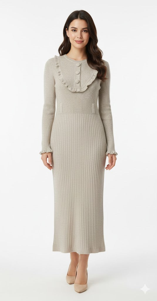 Button Detailed Ribbed Knit Dress KD5666