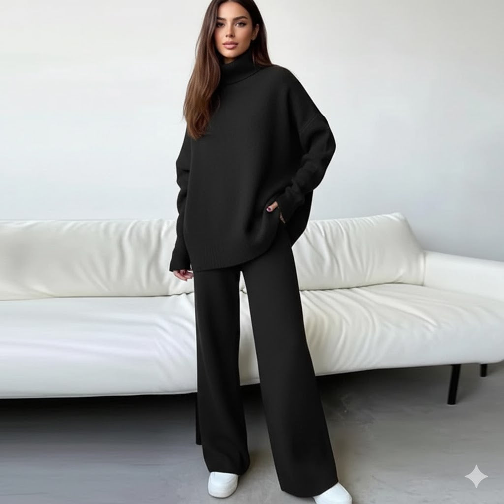 Black Turtleneck Sweater and Wide-Leg Pant Set 440Q6X