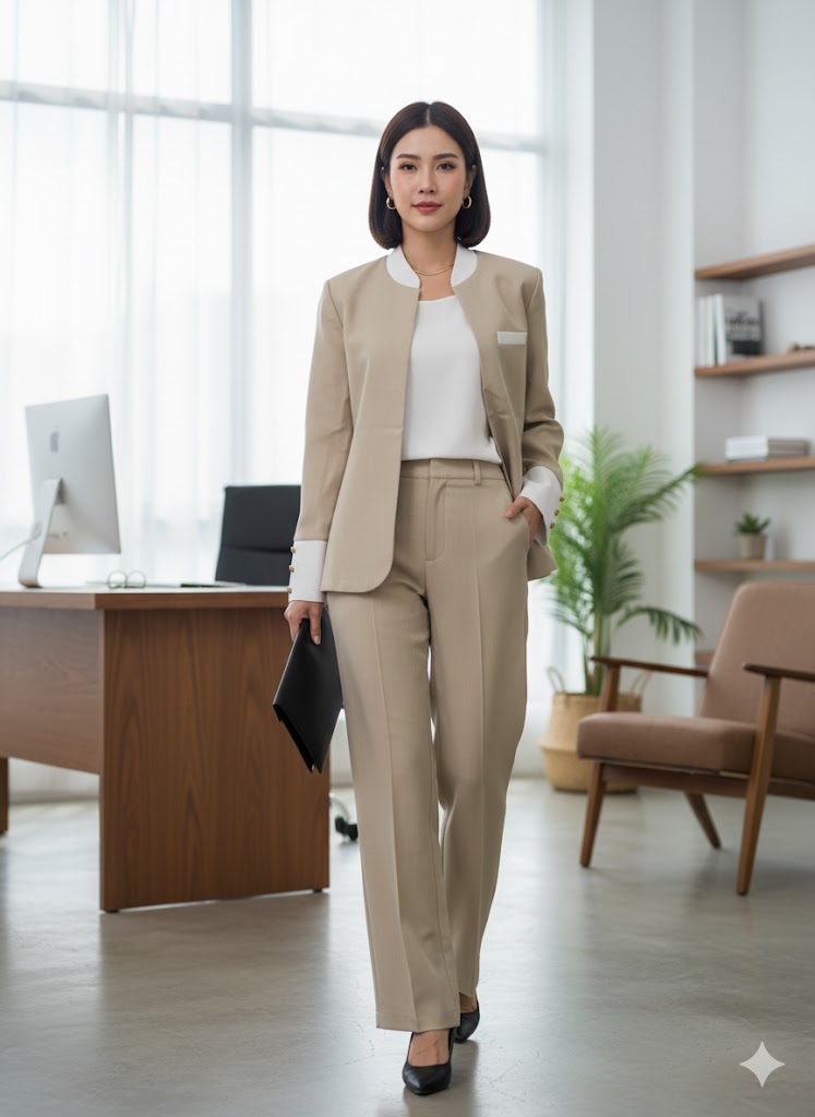 White Collar Tan Jacket Wide Leg Trouser Pantsuit LF1027