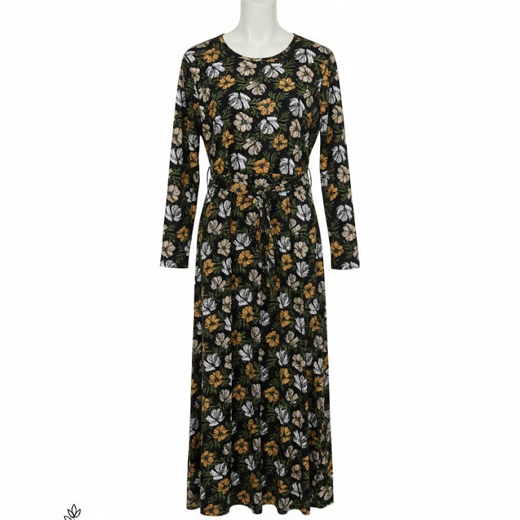 Women's Floral Maxi Dress Black- Mustard Floral B309904 Women's Floral Maxi Dress Black- Mustard Floral B309904
