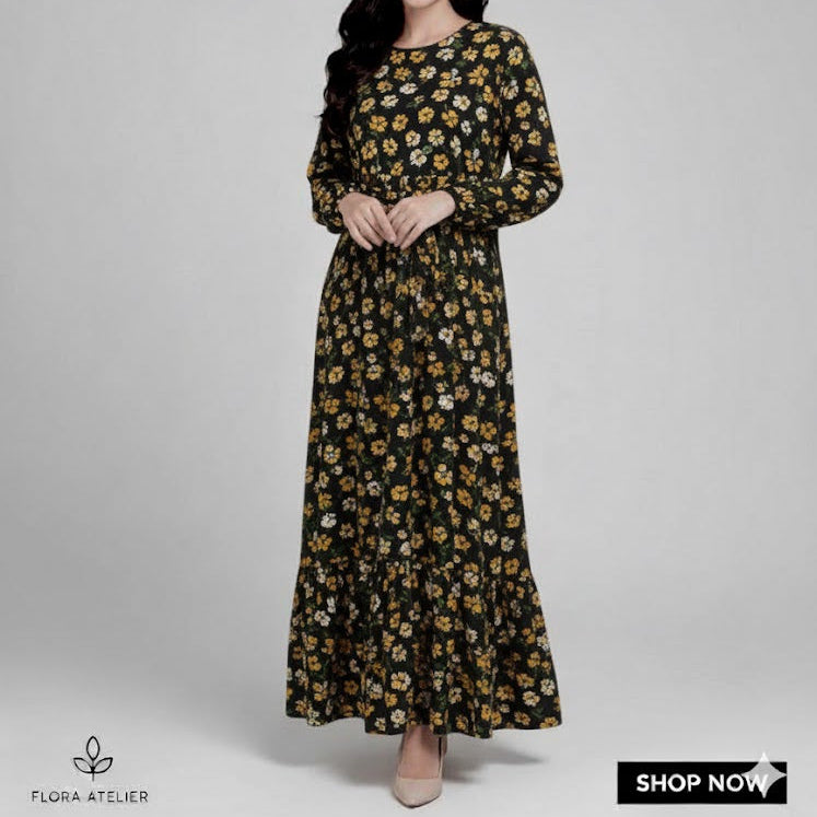 Women's Floral Maxi Dress Black- Mustard Floral B309904 Women's Floral Maxi Dress Black- Mustard Floral B309904