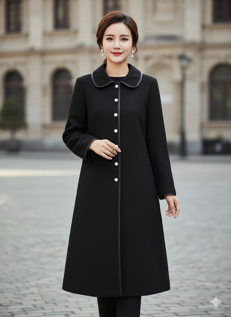 Slim Fit Long Knee Length Black Woolen Coat B-148607