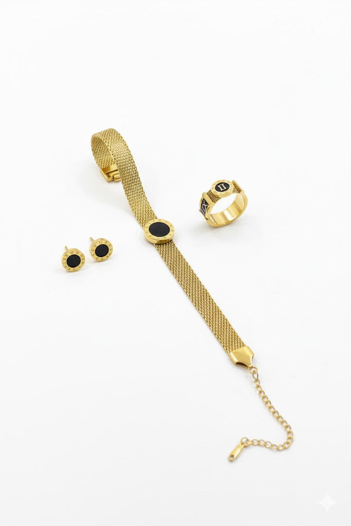 Black Circle Bracelet Ear Finger Rings 3 Pc Set NE75 - TUZZUT Qatar Online Shopping