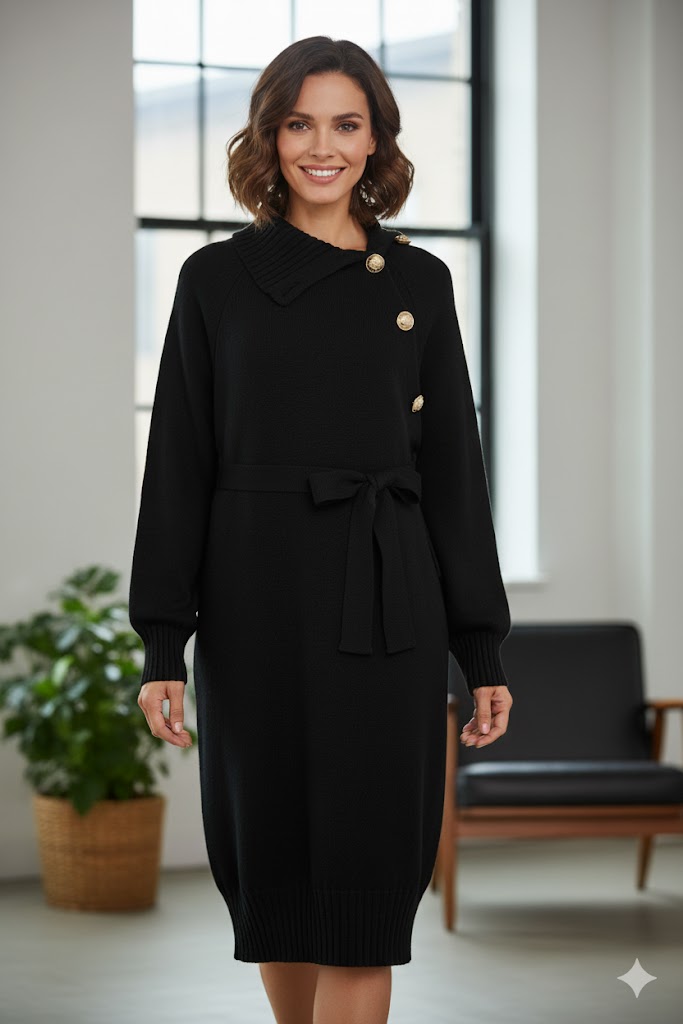 Black Knitted Midi Dress With Side Buttons 50908