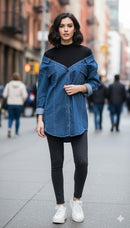 Women's Denim Coat Lapel Patchwork Pocket Single Breasted Belt Fake Two Piece Shirt Jackets 79128 - TUZZUT Qatar Online Shopping