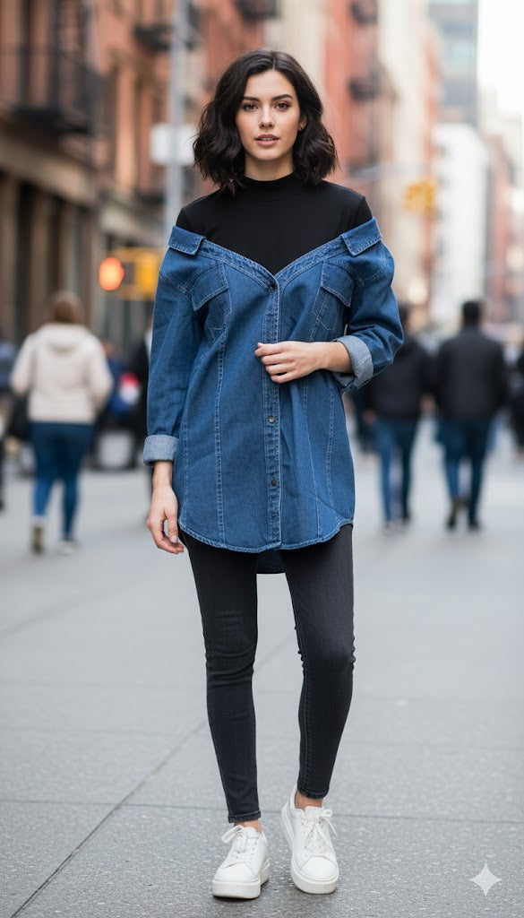 Women's Denim Coat Lapel Patchwork Pocket Single Breasted Belt Fake Two Piece Shirt Jackets 79128 - TUZZUT Qatar Online Shopping