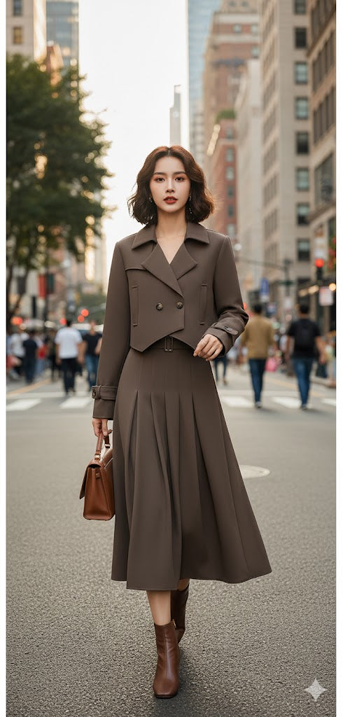 Long Sleeve Jacket + Pleated Skirt Top and Bottom Set 57420 - TUZZUT Qatar Online Shopping