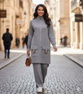 Designer Suit Zipper Loose Knit Sweater Long Top+Drawstring Wide Leg Pant SP55 - TUZZUT Qatar Online Shopping