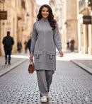 Designer Suit Zipper Loose Knit Sweater Long Top+Drawstring Wide Leg Pant SP55 - TUZZUT Qatar Online Shopping