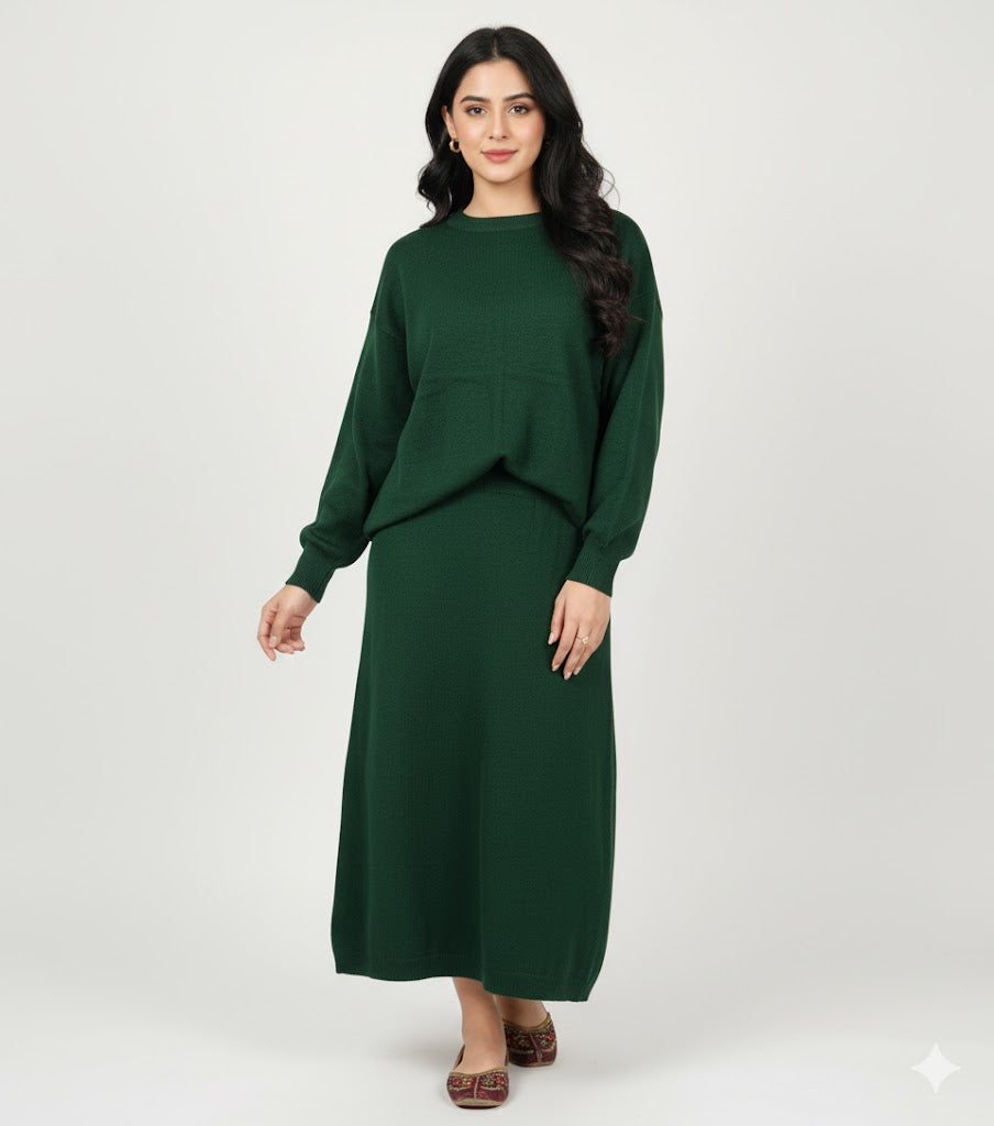 Green Long Sleeve Sweater Skirt Two Piece Set B-374985