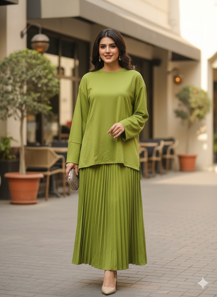 Round Neck Loose Solid Top and Skirt Set 145627 - TUZZUT Qatar Online Shopping