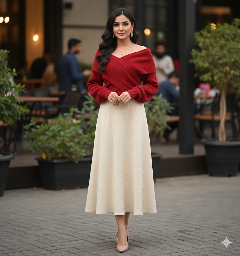 Winter Knitted Pullover Red Sweater + Apricot Skirt 57396