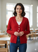 V-neck Casual Knitted Cardigan Red Sweater 58024 - TUZZUT Qatar Online Shopping