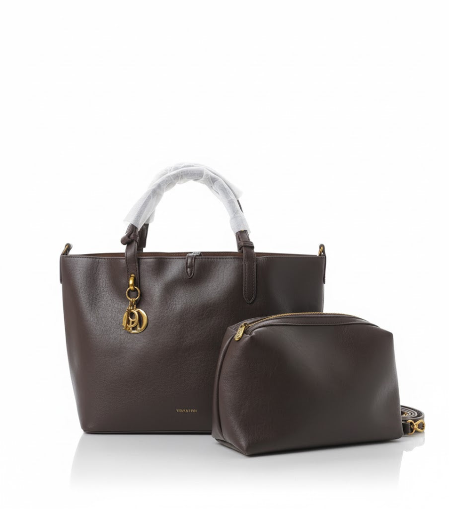 Chocolate Brown Flat Macrocannage Shiny Grained Large Bag 179756
