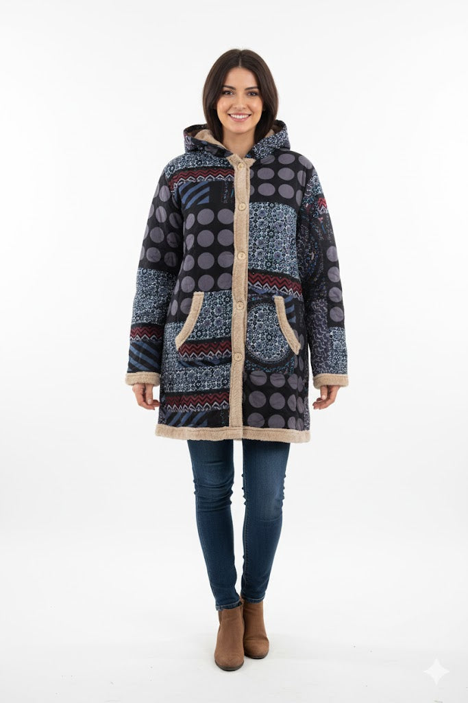 Print Button Hooded Overcoat 30879 Print Button Hooded Overcoat 30879