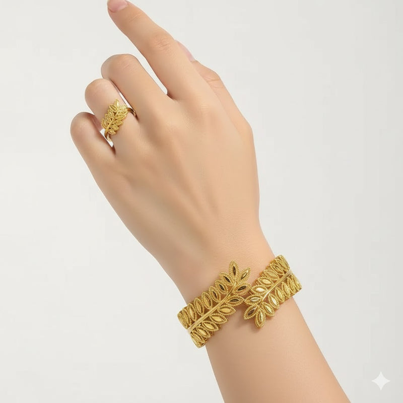 Luxury Leaf Open Wedding Bride Cuff Hand Decoration Bracelet and Ring Set 125804 - TUZZUT Qatar Online Shopping