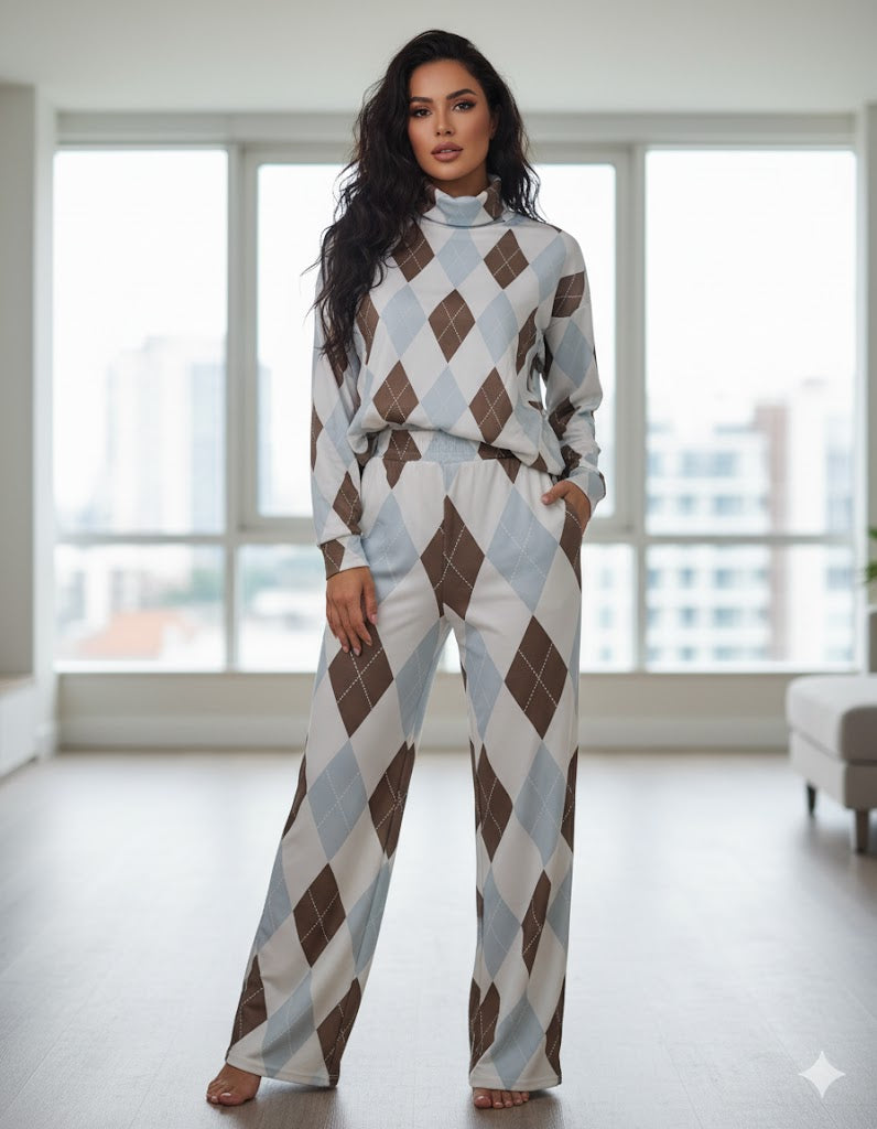 Women's Allover Print High Neck Top & Pant Set B-371858 - TUZZUT Qatar Online Shopping