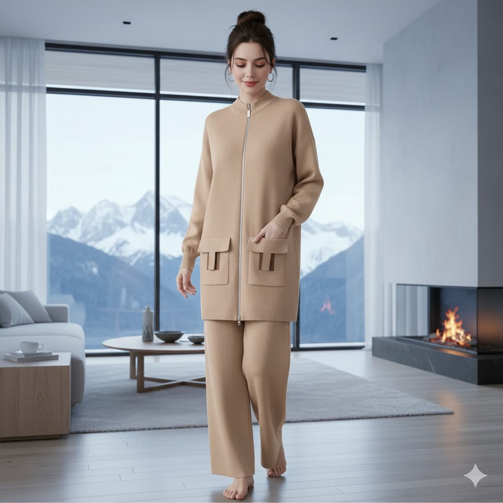 Designer Suit Zipper Loose Knit Sweater Long Top+Drawstring Wide Leg Pant SP55 Designer Suit Zipper Loose Knit Sweater Long Top+Drawstring Wide Leg Pant SP55