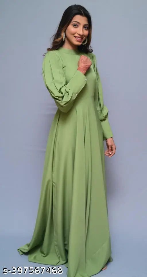 Flared Sleeves Long Sleeves Solid Color High-Neck Maxi Dresses 125662)