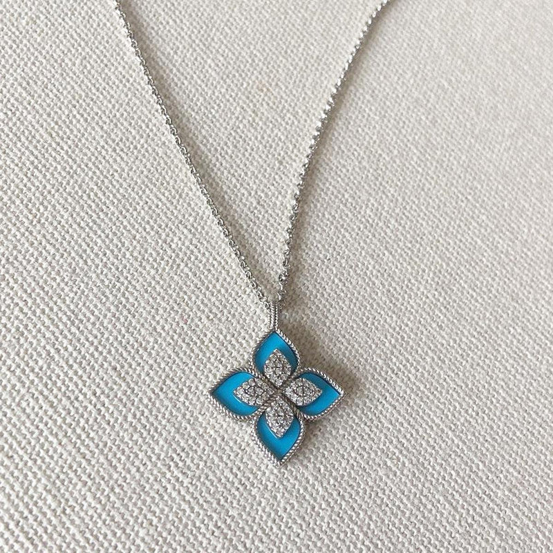 Elegant Silver and Blue Flower Pendant Necklace PN755