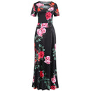 Women Short Sleeve Hollow Out O-neck Long Dress Summer Elegant Floral Printed High Waist Elastic Elegant Boho Robe Maxi Vestidos X3260144 - Tuzzut.com Qatar Online Shopping