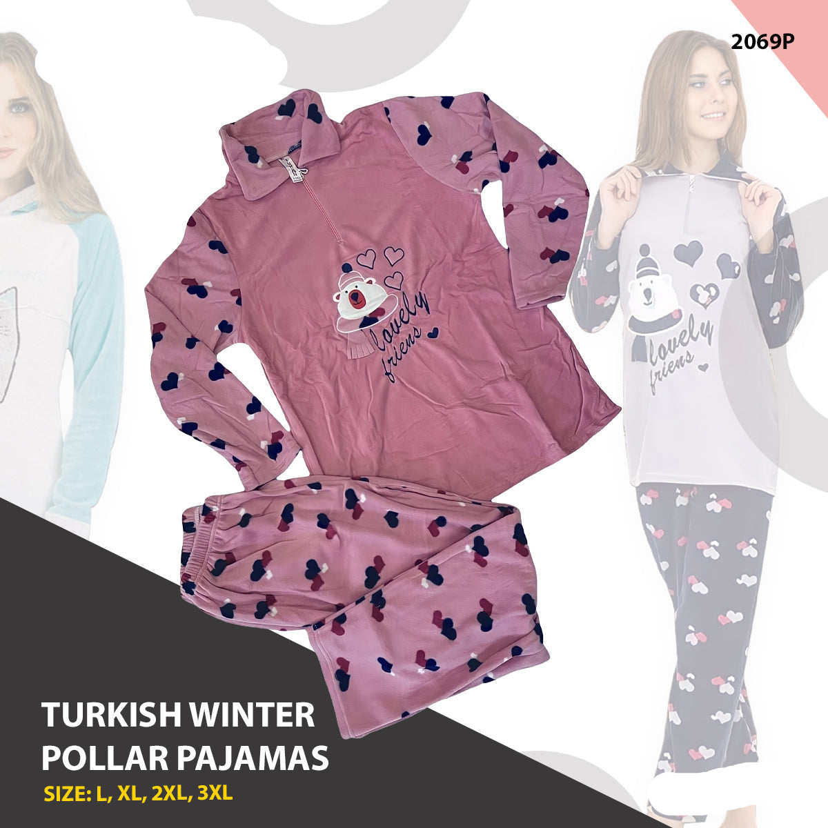 Turkish Winter Polar Pajama Nightwear Homewear Pink - 2069P Turkish Winter Polar Pajama Nightwear Homewear Pink - 2069P