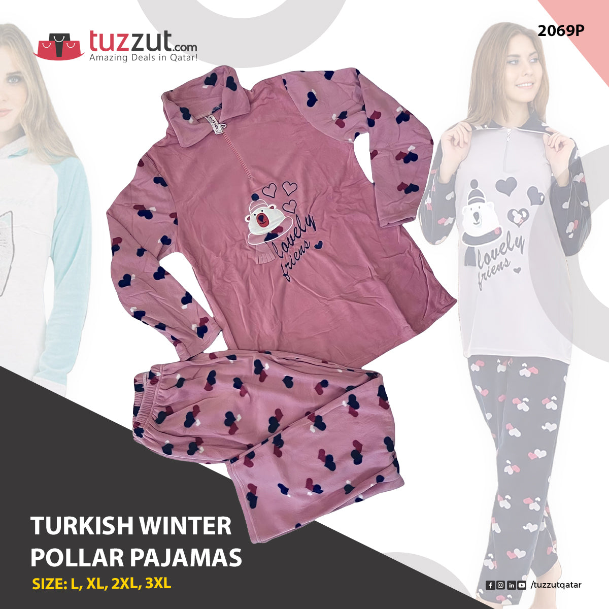 Turkish Winter Polar Pajama Nightwear Homewear Pink - 2069P Turkish Winter Polar Pajama Nightwear Homewear Pink - 2069P
