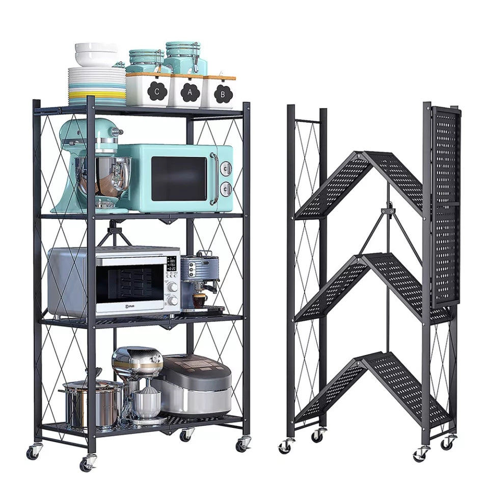 4 Layer Folding Storage Shelf Metal Rack with Rolling Wheel - Black 4 Layer Folding Storage Shelf Metal Rack with Rolling Wheel - Black