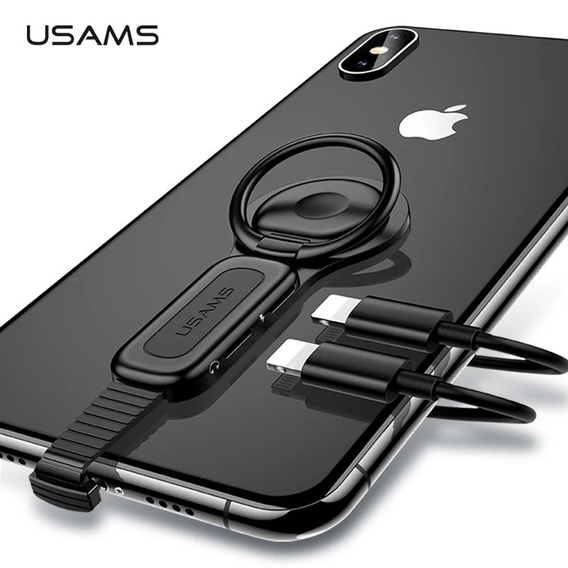 USAMS AU06 Lighting Dual Adapter & Ring Holder 3.5mm Audio&charger Adjust Phone Holder fast charging for iPhone iOS Adapter OTG - Tuzzut.com Qatar Online Shopping