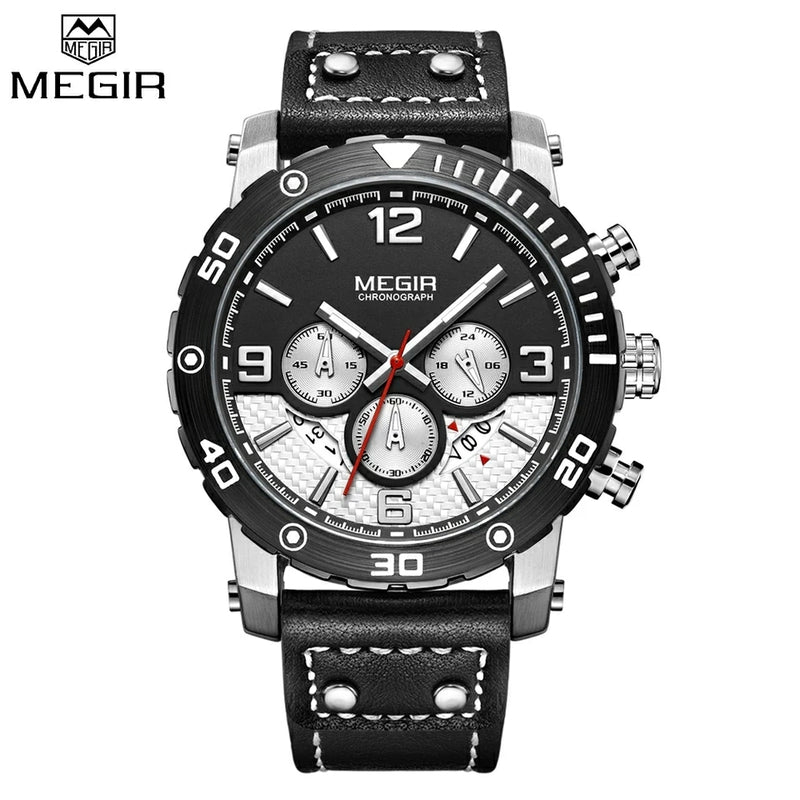 MEGIR 2084 Multi-Functional Chronograph Leather Quartz Qatch - Black - TUZZUT Qatar Online Store