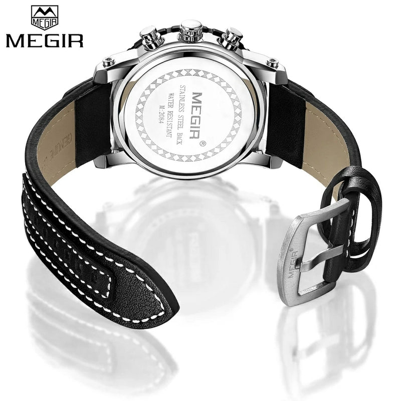 MEGIR 2084 Multi-Functional Chronograph Leather Quartz Qatch - Black - TUZZUT Qatar Online Store