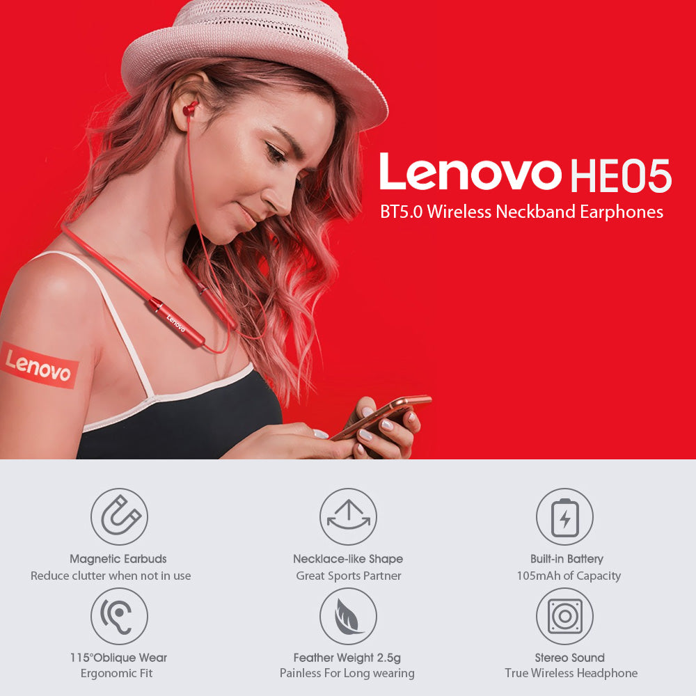 Lenovo HE05 Bluetooth Wireless Neckband Earphone Lenovo HE05 Bluetooth Wireless Neckband Earphone