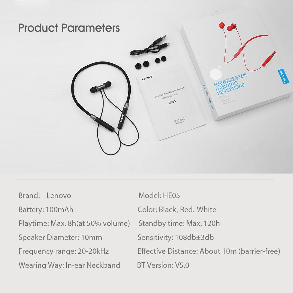Lenovo HE05 Bluetooth Wireless Neckband Earphone Lenovo HE05 Bluetooth Wireless Neckband Earphone