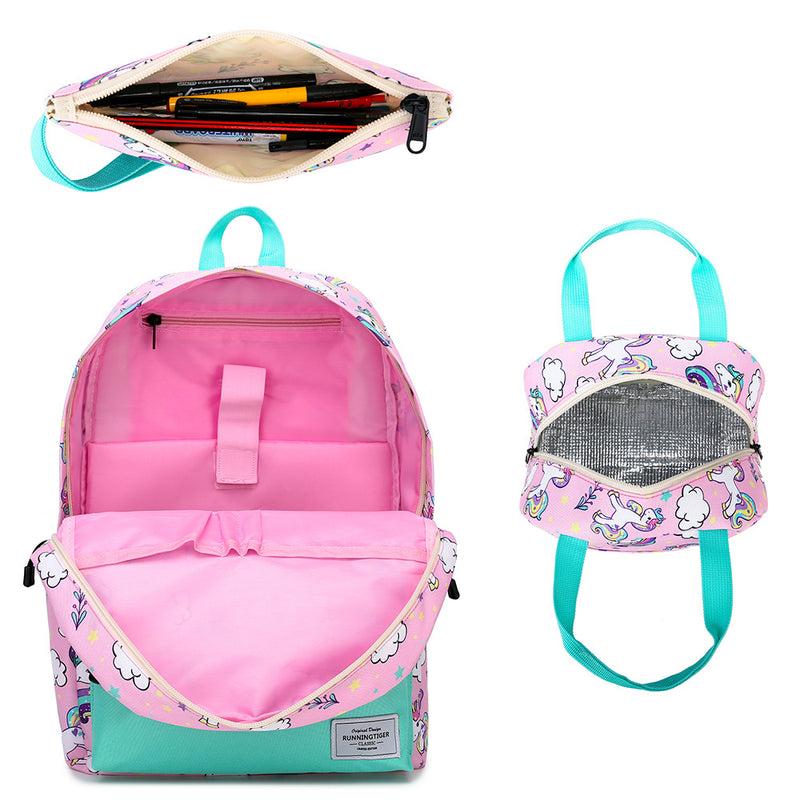 Pink Unicorn 3 Pcs 16" Backpack for Kids Canvas Back Pack Bag + Lunch Box + Pencil Case - Tuzzut.com Qatar Online Shopping
