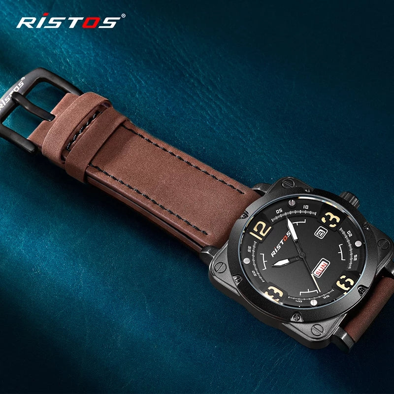 RISTOS Men Quartz Watches Military Genuine Leather Sports Watch Reloj Masculino Business Wrist watch Relogio Hombre Unique 9320 - TUZZUT Qatar Online Store