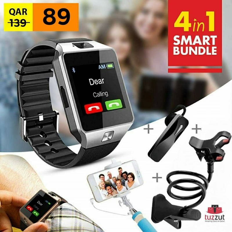 4 in 1 Smart Bundle Offer- Bluetooth Smart Watch + Bluetooth Headset + Phone Holder + Selfie Stick - Tuzzut.com Qatar Online Shopping
