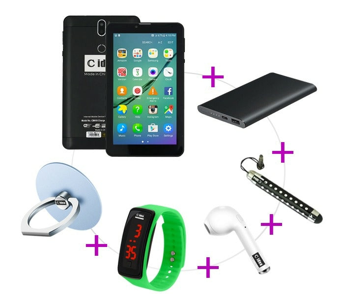 C idea CM499 7 Inch Dual Sim 1GB RAM 16GB 4G LTE Tablet + Power Bank + Earpod + Finger Holder + Touch Pen + LED Watch - Tuzzut.com Qatar Online Shopping