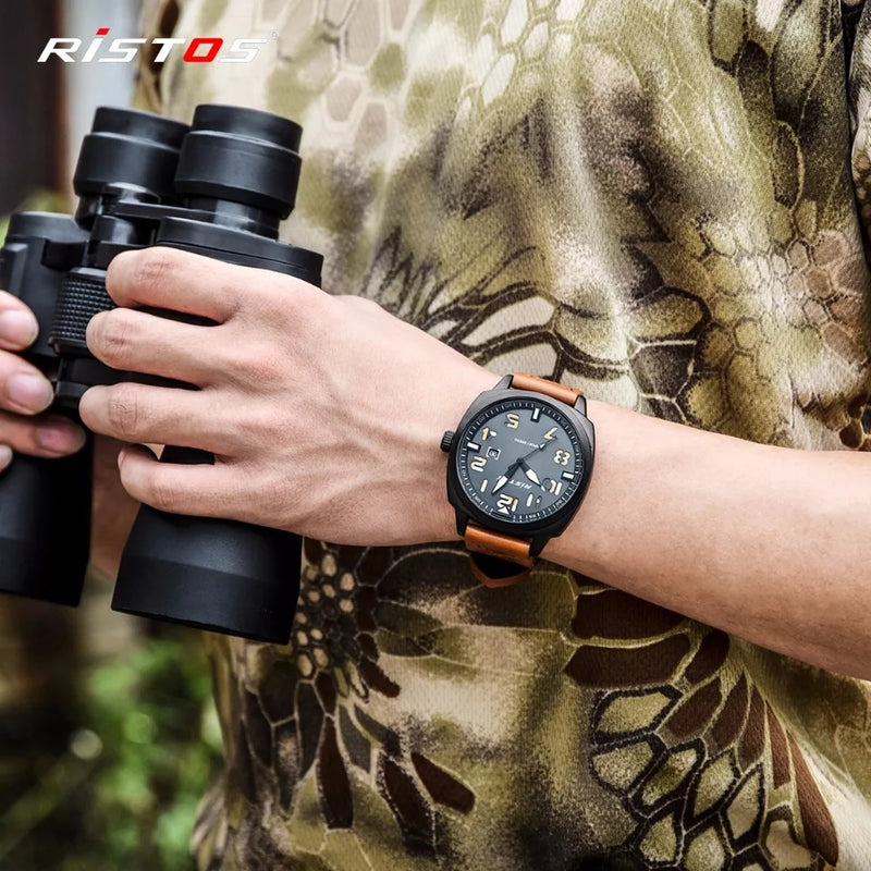Fashion Ristos Brand Men Quartz Analog Watch Army Style Leather Watches Reloj Masculino Hombre Man Sport Military Design 9351 - TUZZUT Qatar Online Store