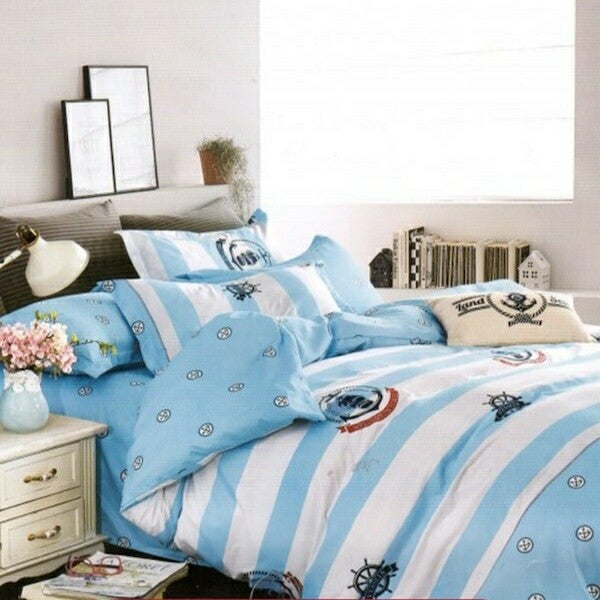 OKKO Elegant Double Size Bedsheet, Quilt And 2 Pillow Covers (4 pc set) GH 277 - Blue-White - Tuzzut.com Qatar Online Shopping