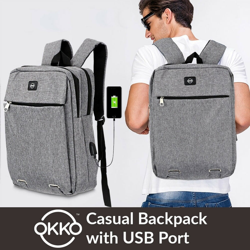 OKKO Casual Backpack with USB port - 16 Inch (Grey) - Tuzzut.com Qatar Online Shopping