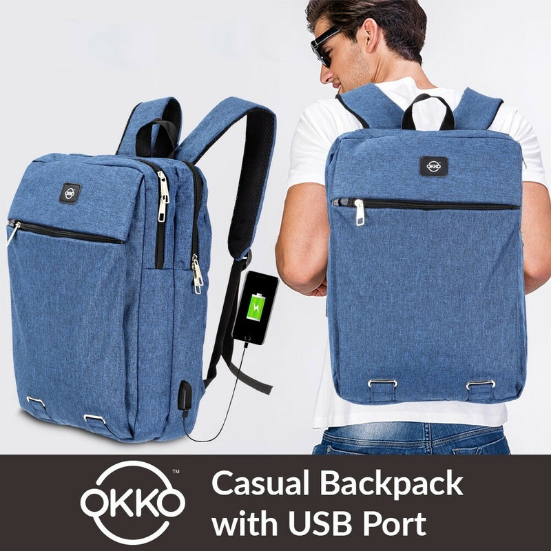 OKKO Casual Backpack with USB port - 16 Inch (Blue) - Tuzzut.com Qatar Online Shopping