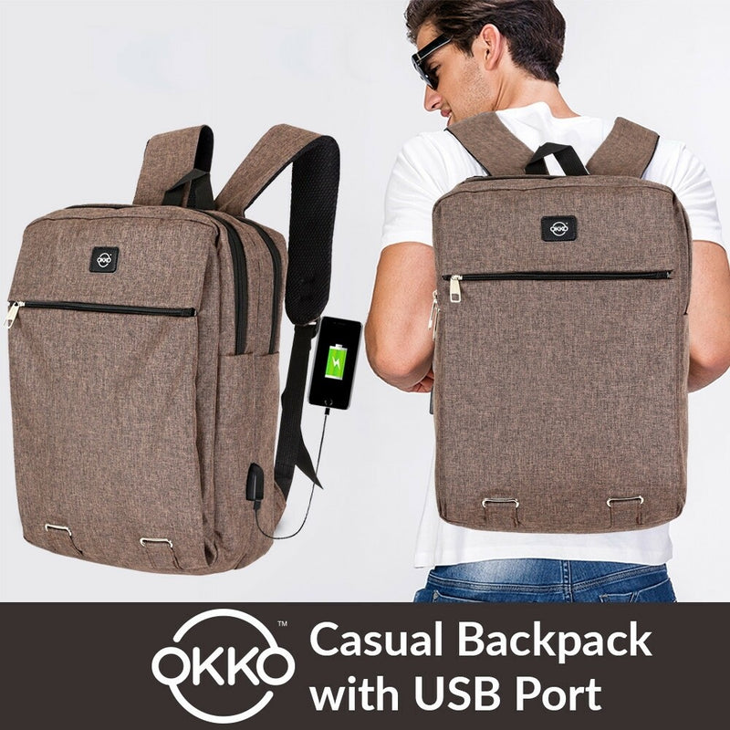 OKKO Casual Backpack with USB port - 16 Inch (Brwon) - Tuzzut.com Qatar Online Shopping