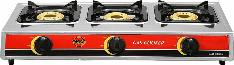 Okko 3 Burner Gas Stove With Auto Ignition - Red & Silver - Tuzzut.com Qatar Online Shopping