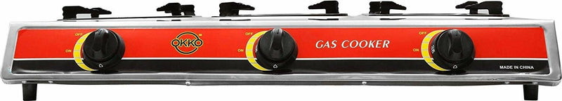 Okko 3 Burner Gas Stove With Auto Ignition - Red & Silver - Tuzzut.com Qatar Online Shopping