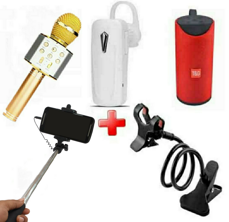 5 in 1 Bundle Offer Bluetooth Headset, Microphone Speaker, Selfie Stick, Mobile Stand and Wireless Speaker (Assorted Colours) - Tuzzut.com Qatar Online Shopping