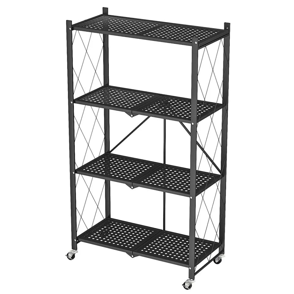 4 Layer Folding Storage Shelf Metal Rack with Rolling Wheel - Black 4 Layer Folding Storage Shelf Metal Rack with Rolling Wheel - Black