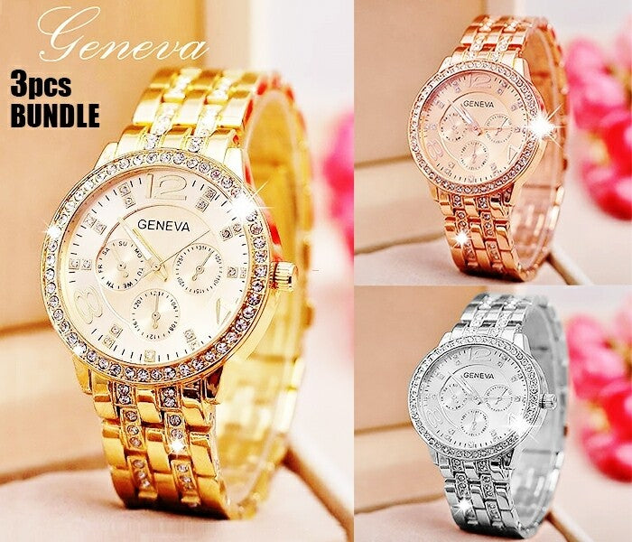 Geneva Rhinestone Wrist Watch 3Pcs - TUZZUT Qatar Online Store