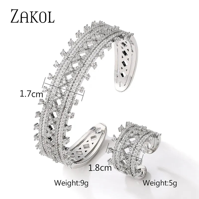 New Exquisite Luxury Geometric Cubic Zirconia Wedding Bracelet Ring Jewelry Sets for Women Silver Color Jewellery Set - B69090